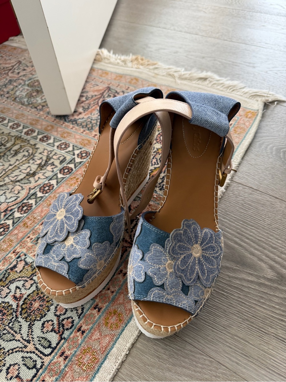See By Chloe Blue Denim Floral Espadrille Wedges with Tan Ankle Strap